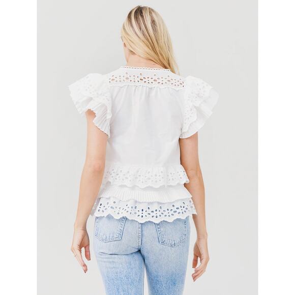 Hunter Bell Carlton Eyelet V-Neck Double Ruffle Sleeve Top White Size Medium - Picture 3 of 8